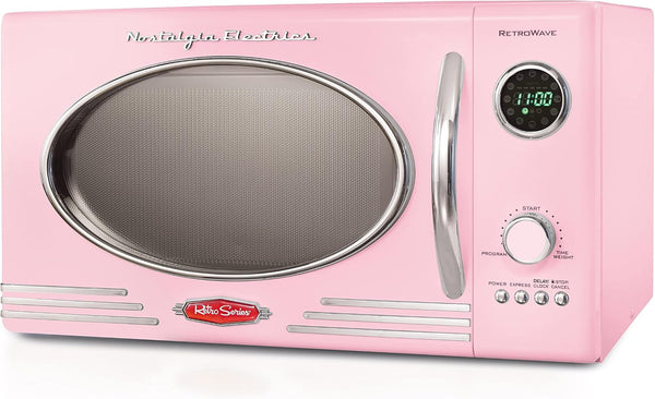 Retro Countertop Microwave Oven - Large 800-Watt - 0.9 Cu Ft - 12 Pre-Programmed Cooking Settings - Digital Clock - Kitchen Appliances - Pink & Retro Wide 2-Slice Toaster, Vintage Design2