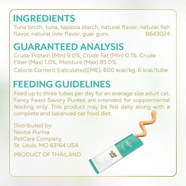Purina Fancy Feast Squeezable Cat Treats Tube, Savory Puree Naturals with Natural Tuna in a Demi-Glace - 0.35 Ounce (Pack of 12)6
