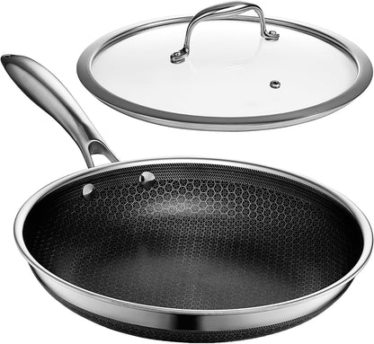 Hexclad 10" Hybrid Nonstick Frying Pan with Lid, Dishwasher & Oven Safe | Stay-Cool Handles, Dishwasher and Oven Safe up to 900°F, Compatible with All Cooktops1