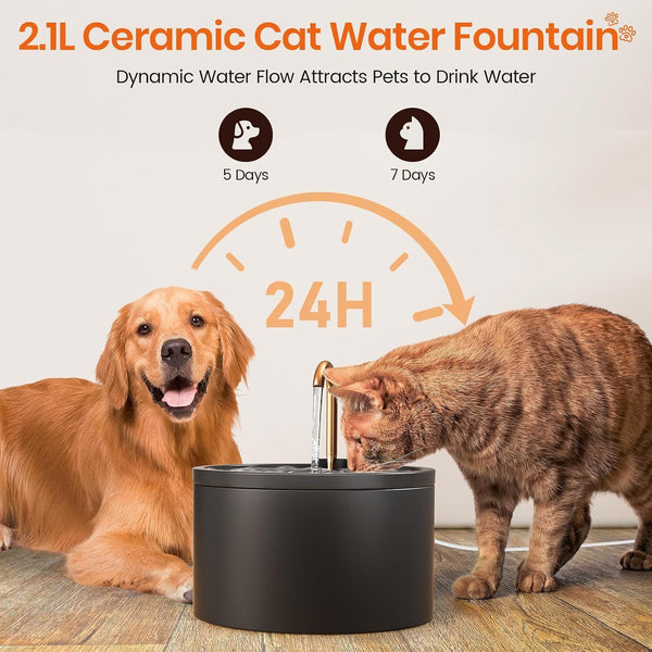 MISFANS Ceramic Cat Water Fountain, All-Ceramic Body, Pure Copper Spout | 2.1L/71Oz Capacity, under 20Db Pump, Dual Filtration, Faucet and Fountain Modes, Easy-Clean Unit, 3 Filters and Sponge, Black5