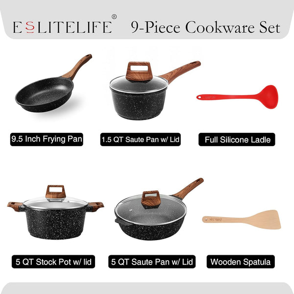 Nonstick Cookware Sets, 9 Pcs Granite Coating Pots and Pans Set Kitchen Cooking Set, Compatible with All Stovetops (Gas, Electric & Induction), PFOA Free, Black2