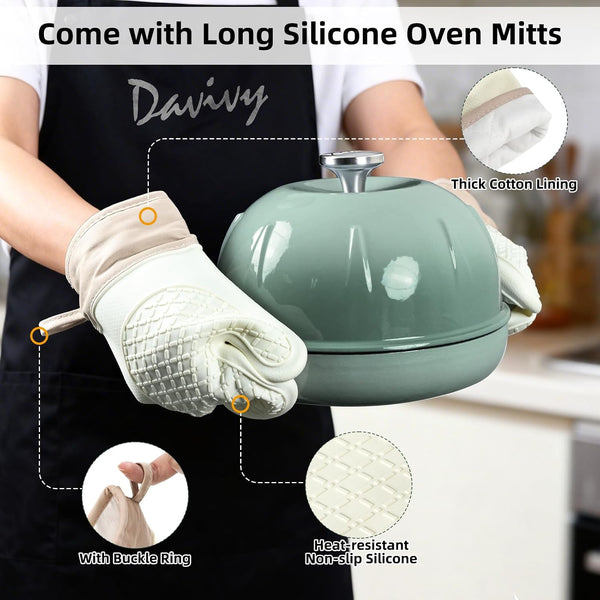 Sourdough Dutch Oven Bread Oven, 5QT Enameled Cast Iron Bread Pan Sourdough Pan, Bread Cloche Dutch Oven with Slicone Oven Mitts - Light Green4