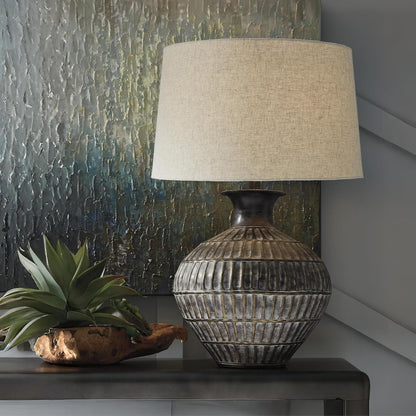 Signature Design by Ashley Magan Metal Table Lamp, 28", Antique Bronze | Antique Bronze-Tone Metal Base, Textured Pattern, Fabric Modified Drum Shade, Living Room or Entryway Use, 3-Way Switch10