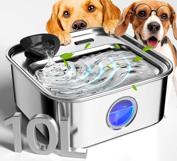 Oneisall 10L/2.6Gal Dog Water Fountain for Large Dogs (With 1 Filter) | Deeper & Wider Drinking Area, Visualization Window & Triple Filtration,304 Stainless Steel Dog Water Bowl Dispenser1
