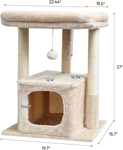 SYANDLVY 27" Cat Tree for Indoor Cats, Activity Tower with Scratching Posts | Modern Kitten Condo with Plush Perch & Hanging Ball for Play, Beige3