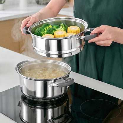 : 3 Quart Stainless Steel Steamer Pot - 2-Tier Cookware, Tempered Glass Lid, Stay-Cool Silicone Handles, 3-Ply Bottom, Dishwasher & Oven Safe | Steaming Pot with Glass Lid & Steamer Basket2