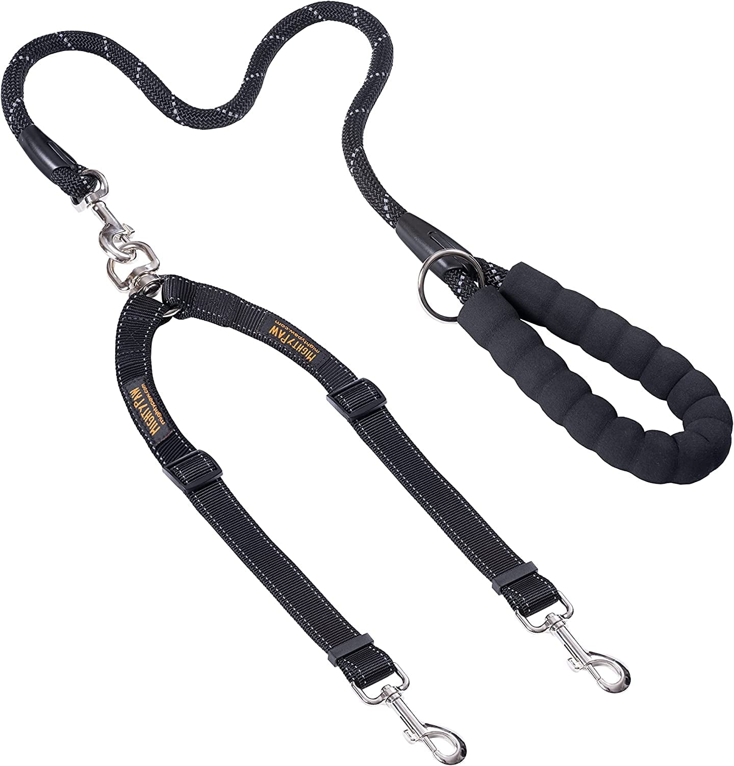 mighty-paw-double-dog-leash-no-tangle-adjustable-split-lead-for-two-dogs-fits-0-100-lb-16-24-in-range-reflective-stitching-waterproof-neoprene-padded-handle