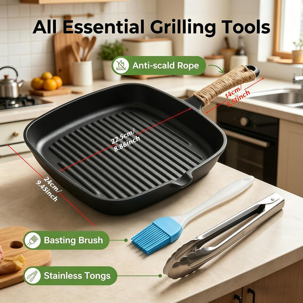Cast Iron Grill Pan 9.5" Square Griddle Skillet with Pour Spout Oven Safe3