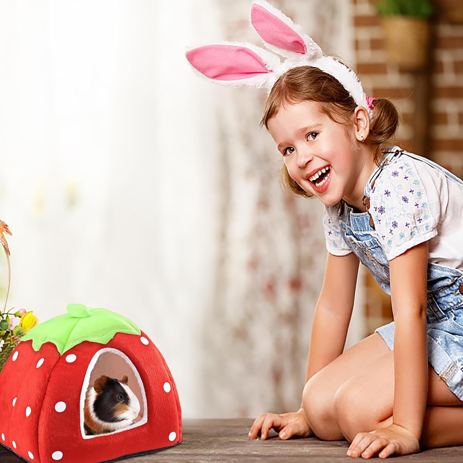 mygeromon-guinea-pig-bed-rabbit-hideout-cuddle-cup-strawberry-style-washable-winter-small-animals-sleeping-house-for-ferret-chinchilla-bunny