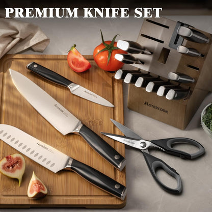 Knife Set, Kitchen Knives Set with Block and Sharpener Full Tang 17 Pcs German Stainless Steel Knives Sharp Blade Dishwasher Safe Premium Knife Set, Black Father Day Gifts for Men7
