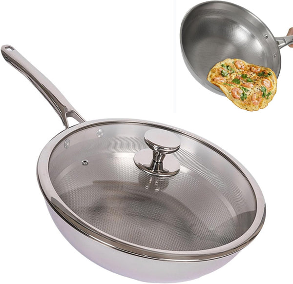 Titanium Hammered Wok Pure with Lid, No Coating Non-Stick Titanium Cookware, Frying Pans, Hammered Pan, Ultra-Durable, Scratch-Resistant, Safe for Oven, Induction & Cooktops up to 750°F,11.81I1