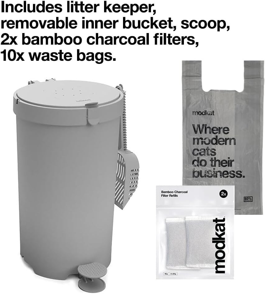 modkat-litter-keeper-cat-litter-disposal-scoop-filters-bags-gray-odor-sealing-litter-disposal-includes-a-scoop-charcoal-filters-and-recycled-waste-bags
