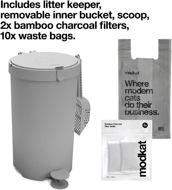 Modkat Litter Keeper, Cat Litter Disposal, Scoop, Filters & Bags, Gray | Odor-Sealing Litter Disposal Includes a Scoop, Charcoal Filters and Recycled Waste Bags6