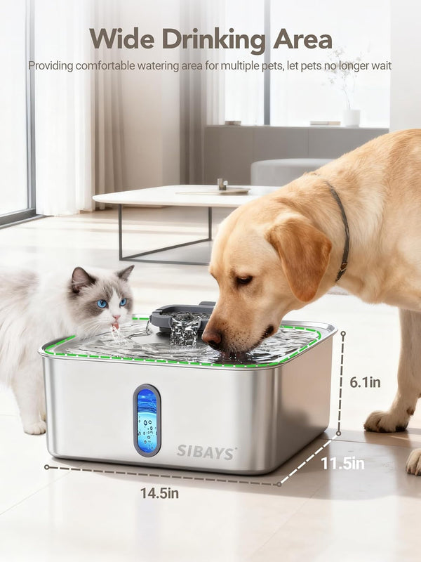 SIBAYS 4Gal/15L Dog Water Fountain for Large Dogs, Stainless Steel Large Pet Water Fountain, Ultra Quiet Automatic Dog Water Bowl Dispenser with Water Level Window and LED Light(Fs78, Silver-Grey)7