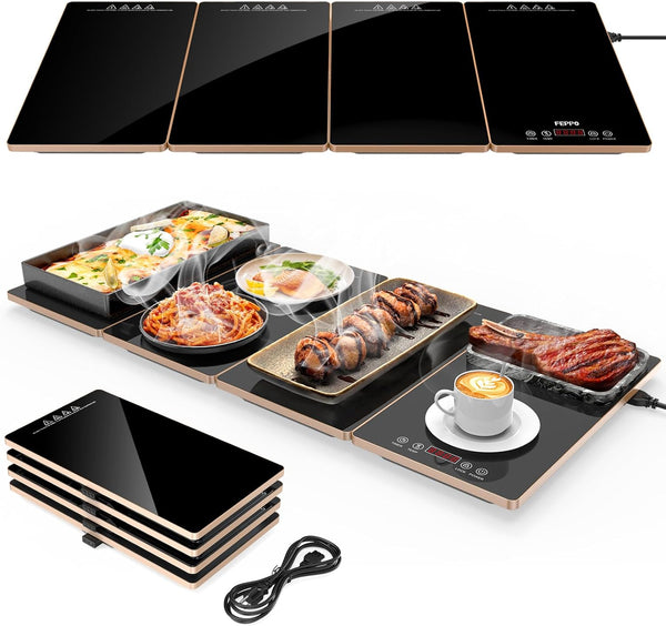 Electric Warming Tray, 4-In-1 Food Warmers for Parties Buffet with 10 Temp Settings and Timer, 33"X15" Glass Surface Warming Mat for Food, Modular Buffet Hot Plates for Catering and Gatherings1
