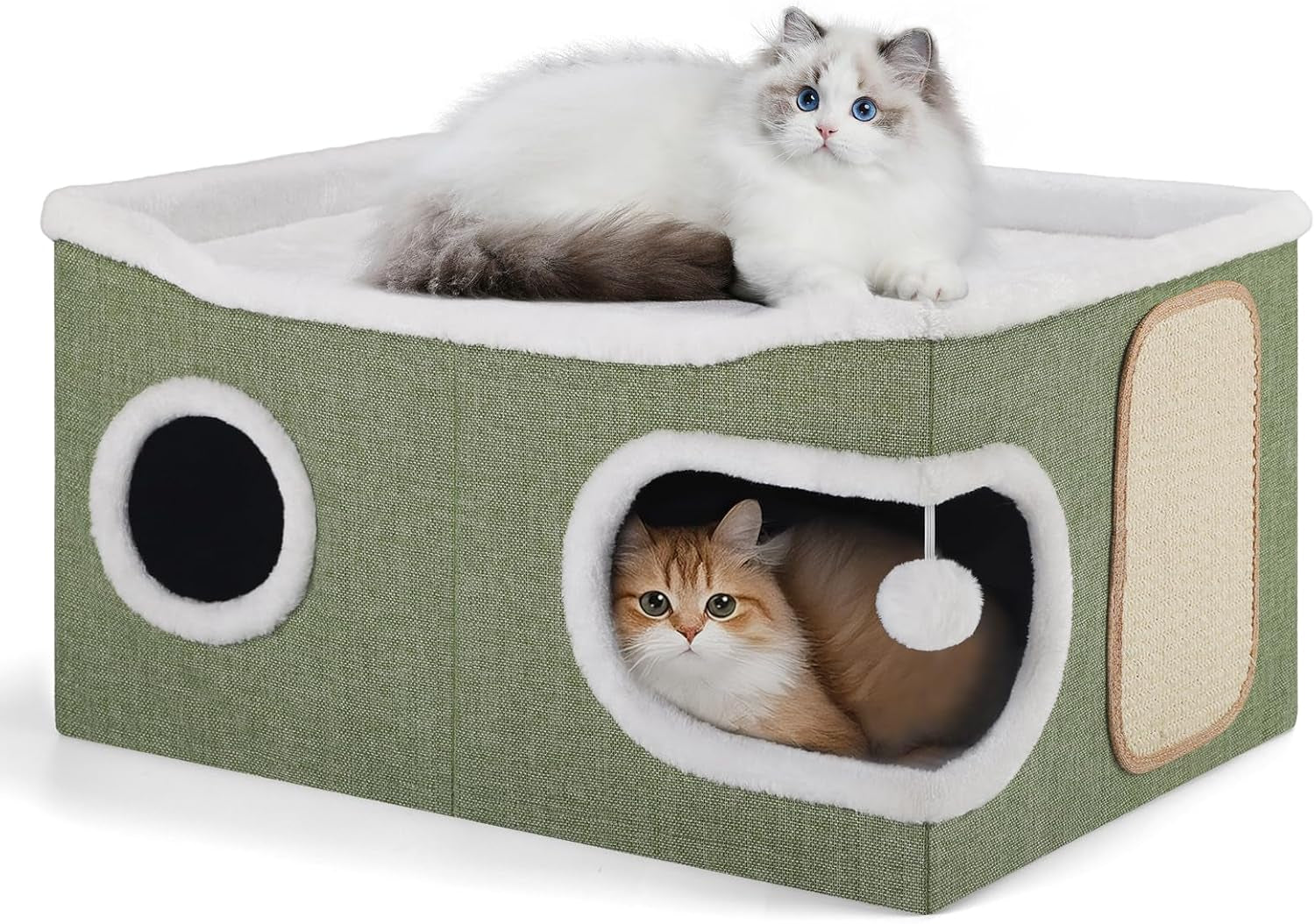 shikha-cat-house-bed-for-indoor-cats-with-fluffy-ball-and-scratch-pad-grey-foldable-large-cat-cave-hideaway-with-cozy-condo-hide-and-seek-window-holds-up-to-30lbs-all-season-reversible-cushion