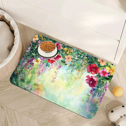 Cute Strawberry Flower Dog Cat Food Mat,Pink Absorbent Pet Feeding Mat with Rubber Backing,Non-Slip Water Bowl Placemat,Indoor Pet Accessories Supplies 12"X20"14