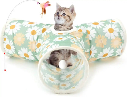 Tempcore Pet Cat Tunnel Tube Toys 3 Way Collapsible, Tunnels for Indoor Cats, Interactive Tube with Teaser Wand, Peek Holes & Hanging Ball, Black & Blue22