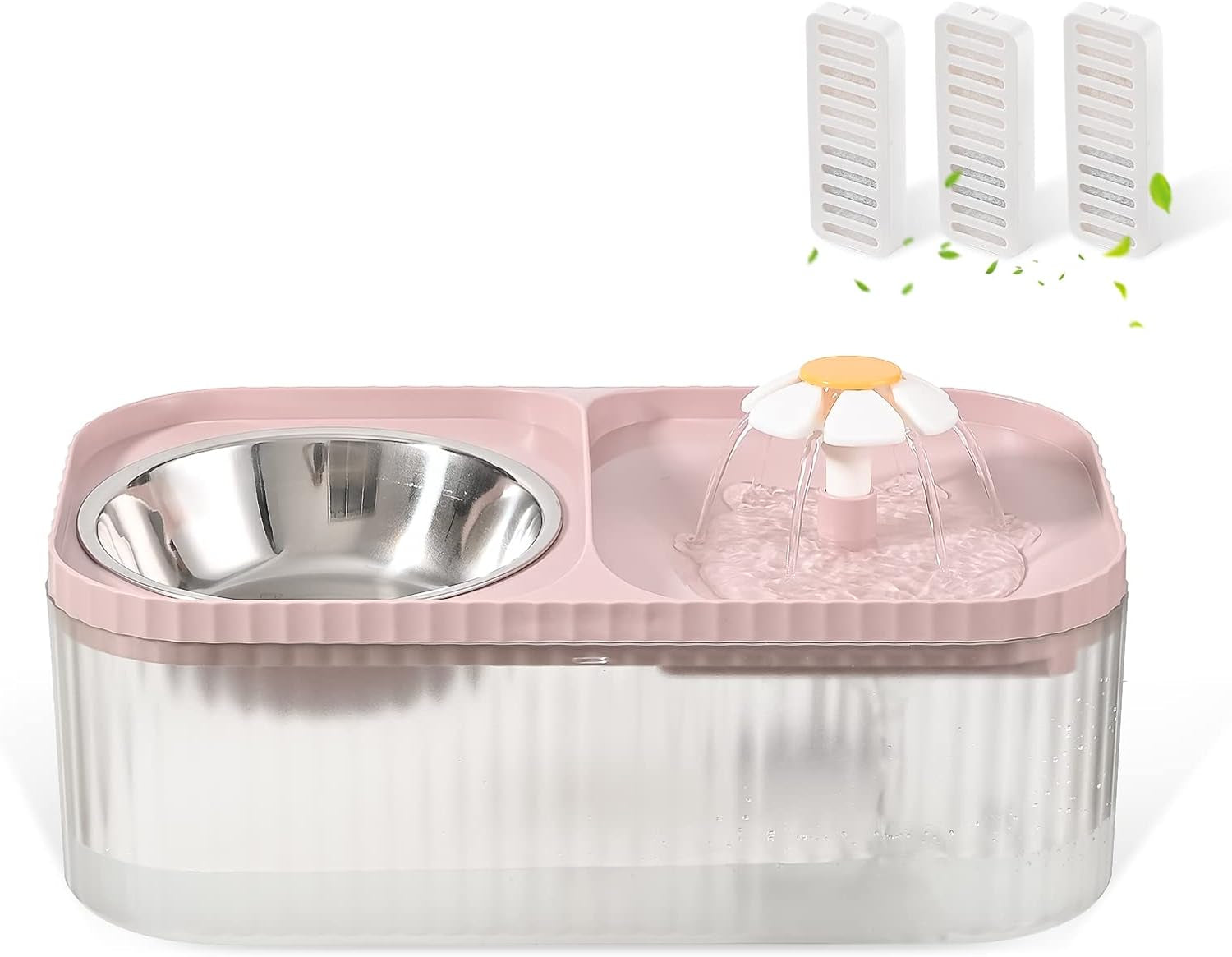 cat-water-fountain-and-food-bowl-3l-101oz-ultra-quiet-pet-water-dispenser-with-smart-pump-and-3-replacement-filters-automatic-flower-fountain-stainless-steel-bowl-black-green