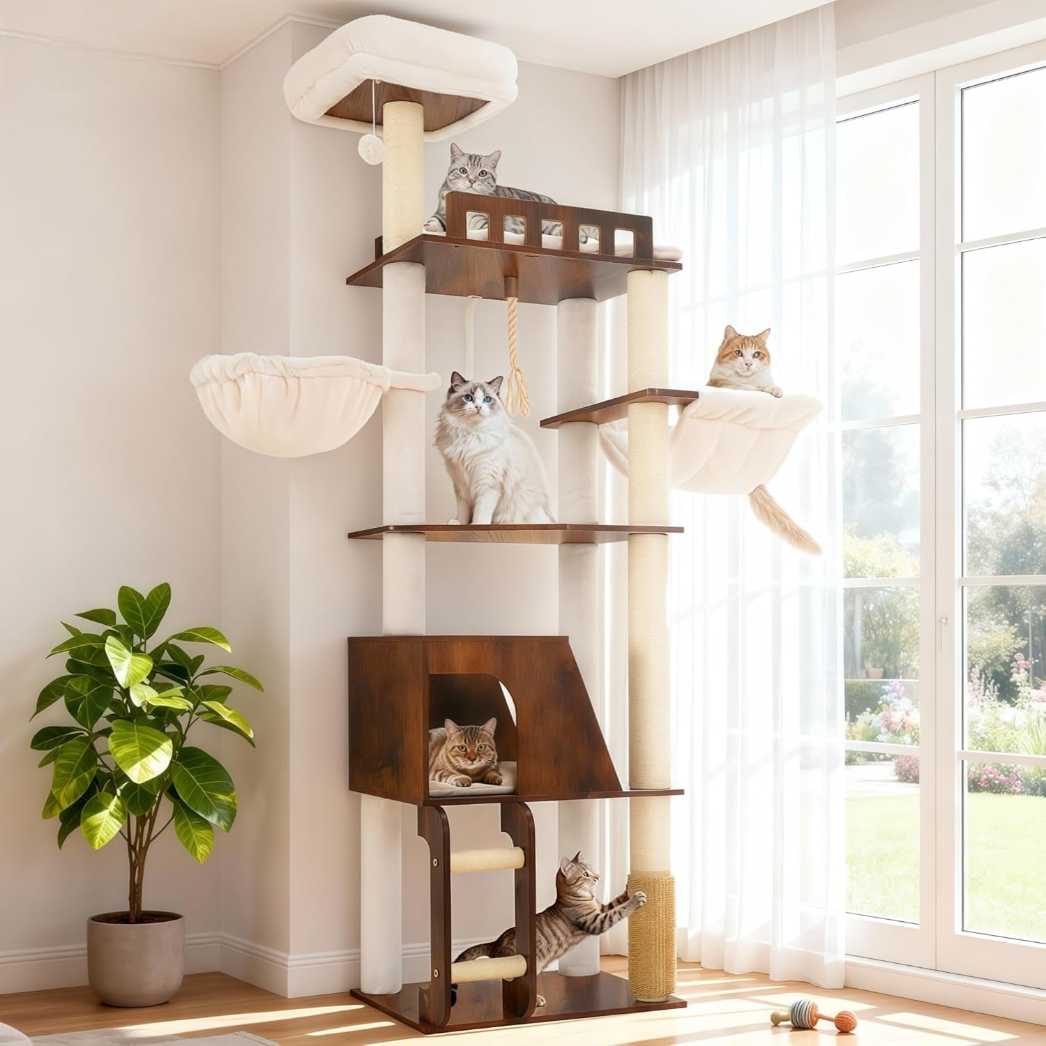 hey-brother-wooden-cat-tree-furniture-tower-with-large-platforms-mpj121bt-69-7-inch-modern-full-sisal-scratching-posts-hammocks-spacious-condo-ladder-brush-water-proof-surface-white-oak