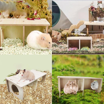 Hamiledyi Wooden Hamsters 2-Chamber Hideout-Tunnel Multi Chamber Exploring Toy Hamster Hiding Maze Tunnel Toy Platform Stuff Cage Accessories for Gerbil Rat Mice7