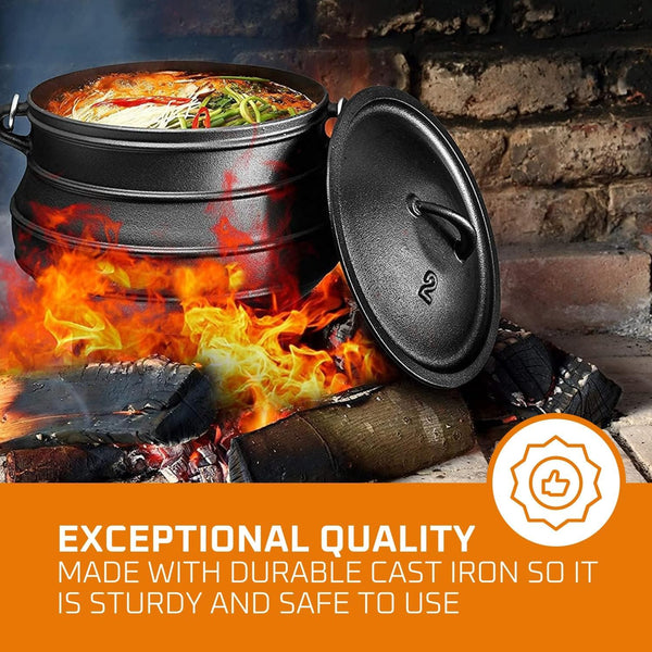 12 Quart Cast Iron Dutch Oven Cauldron Pot - Camping Cookware with Lid - Pre-Seasoned Heavy-Duty Potjie for Stews, Soups, Braising, and Frying over Fire Pit Grill or Camp Stove - Black2