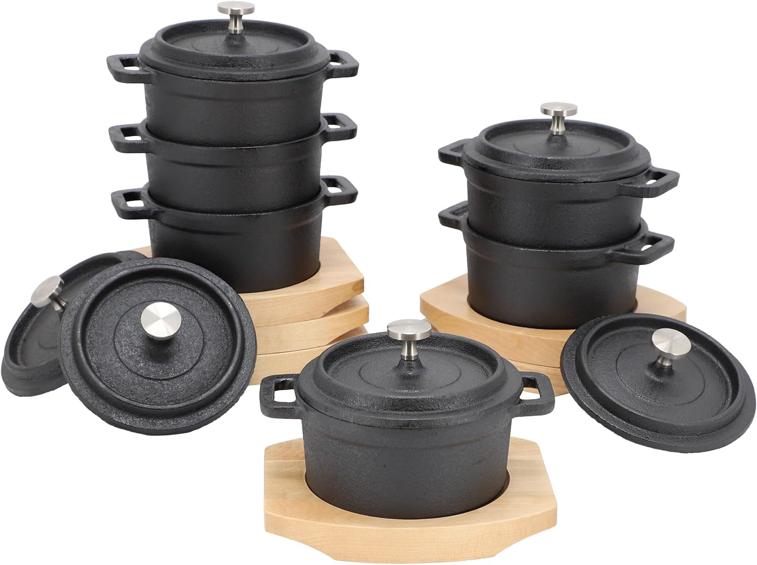 megachef-cast-iron-8-ounce-mini-dutch-oven-with-wood-tray-cookware-bakeware-serveware-6-piece