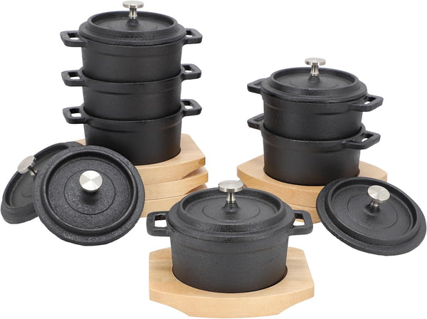 Megachef Cast Iron 8 Ounce Mini Dutch Oven with Wood Tray, Cookware, Bakeware, Serveware (6 Piece)1