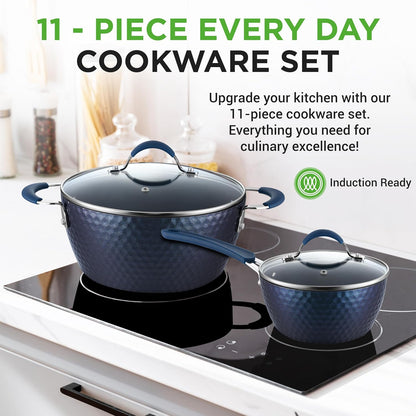 11 Piece Pots and Pans Set - Non Stick Cookware Set with Ceramic Coating, Cool-Touch Handles, Induction Ready, Includes Lids, and Utensils - Diamond Blue2