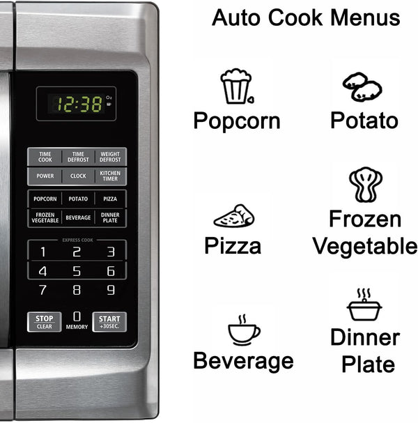 MW1338SB Countertop Microwave Oven, 6 Pre-Programmed Settings, Removable Glass Turntable, Child Safety Lock, 1.3 Cu Ft, 1000W, Stainless Steel4