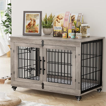 Medium Dog Crate Furniture, 32'' Heavy Duty Kennel W/Cushion & Wheels | Grey, Double Doors, Wooden Dog Cage, Chew-Resistant, End Table, Decorative, 27"/32"/38"/44" Options, Indoor23