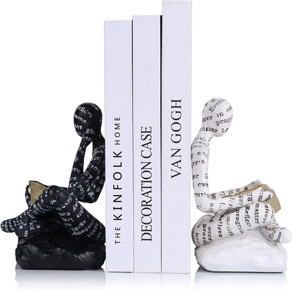 Book Ends for Heavy Books Set of 2, Modern Abstract Thinker Book Ends for Shelves and Desk - Resin with Non-Slip Pads, Bookends for Shelves, Modern Black White Office Decor Bookends1