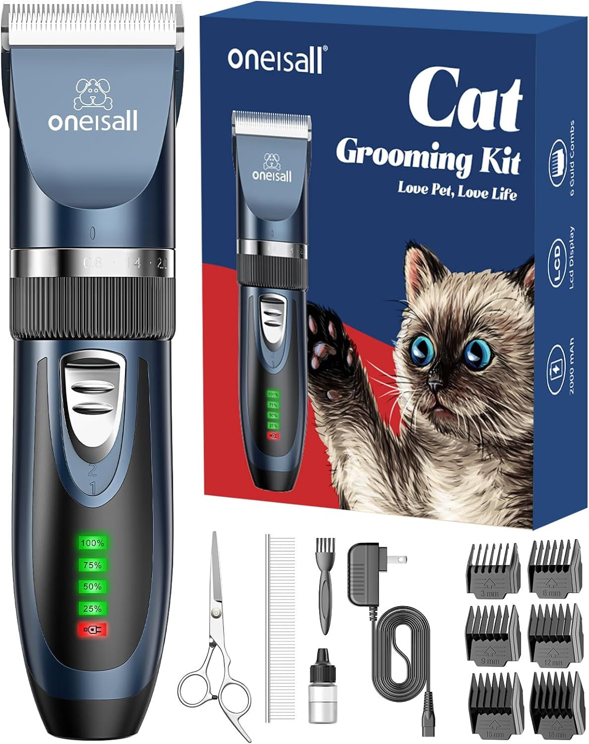 oneisall-quiet-cat-clippers-for-matted-hair-long-hair-cat-shaver-cordless-cat-grooming-kit-lcd-display-6-guard-combs-240-min-runtime-2-speed-low-noise-trimmer-for-cats-small-dogs