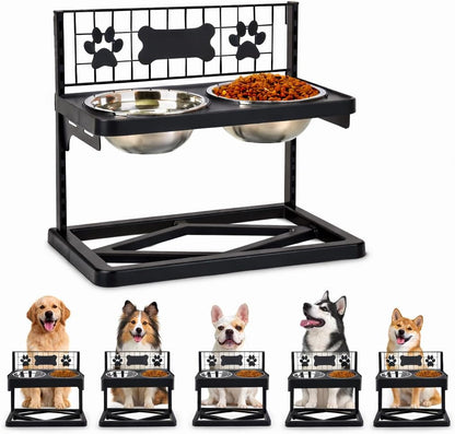 Elevated Dog Bowls Raised Pet Feeder Adjustable Dog Bowl Stand with Stainless Steel Bowls and ABS Frame, Double Dog Feeding Station with Paw Print Bone Decor for Medium Large Dogs1