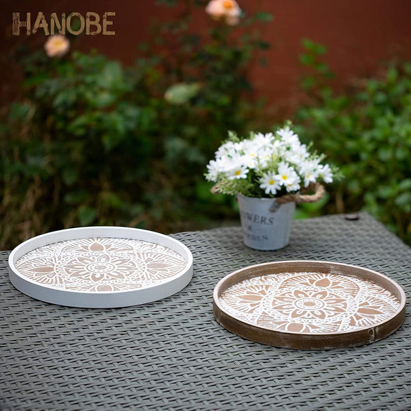 round Boho Decorative Tray for Coffee Table, Vintage Mandala Pattern | 11.8" Mid-Century Modern Farmhouse Decor for Living Room Kitchen Dining Table Centerpieces9