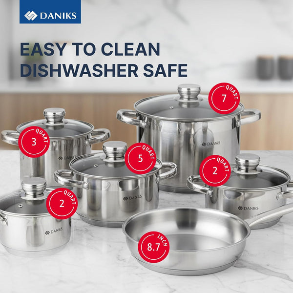 Standard 11-Piece Stainless Steel Cookware Set with Glass Lids, Includes Saucepan with Lid and Frying Pan, Tri-Ply Bases for Even Heating, Induction Compatible, Dishwasher Safe, Silver2