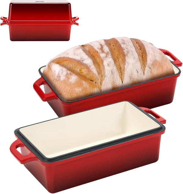 9X5 Inch Enameled Cast Iron Bread Loaf Pan with Lid, Perfect Sourdough Baking Pans | Even Heat Distribution for Homemade Bread, Cake, Meatloaf，2 Piece Set，Red1
