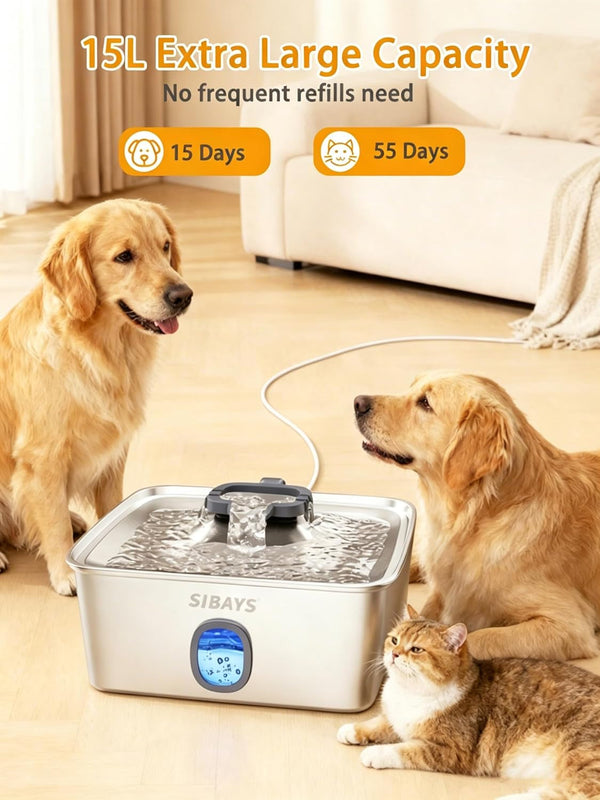 SIBAYS 4Gal/15L Large Dog Water Fountain, Stainless Steel Pet Fountain with Water Window & LED Light, Ultra Quiet Automatic Dog Water Bowl Dispenser for Large Dogs & Multi-Pet, Easy to Clean FS762