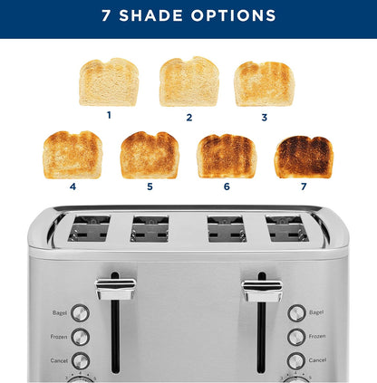 GE Stainless Steel 4 Slice Toaster | Extra Wide Slots for Bagels, Breads, Waffles & More | 7 Shade Options | Countertop Kitchen Essentials | 1500 Watt4