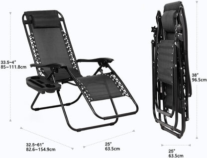 Set of 2 Relaxing Recliners Patio Chairs Adjustable Steel Mesh Zero Gravity Lounge Chair Beach Chairs with Pillow and Cup Holder Black3