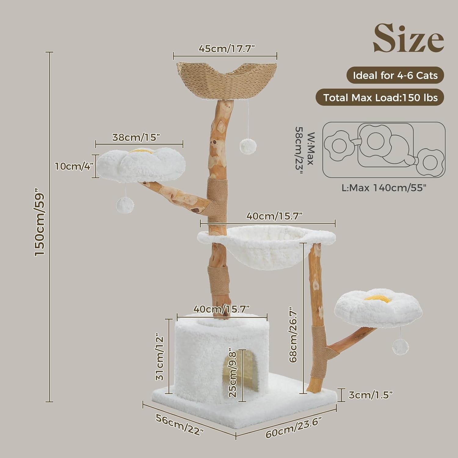 pawz-road-59-modern-cat-tree-natural-wood-cat-tower-for-large-cats-white-wicker-basket-bed-2-flower-perches-for-multi-cat-cat-tree-tower-with-large-condo-hammock-solid-wood-cat-tree-house