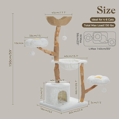 PAWZ Road 59" Modern Cat Tree, Natural Wood Cat Tower for Large Cats White | Wicker Basket Bed&2 Flower Perches for Multi-Cat, Cat Tree Tower with Large Condo&Hammock, Solid Wood Cat Tree House2