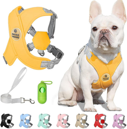 Patas Lague Dog Harness with Leash Set Adjustable Soft Padded Step-In Dog Vest No Choke No Pull Reflective for Small Medium Pets with Poop Bags and Dispenser, Solid and No-Chew, Pink M9