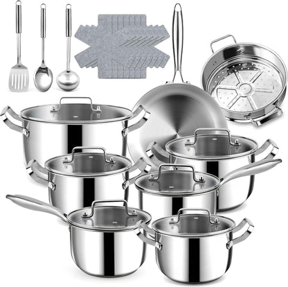 Stainless Steel Cookware Set - 24 PCS Kitchen Cookware Sets with 3-Ply Frying Pan and Steamer, Cool Handles, Heavy-Duty Chef Quality, Pots and Pans Set Compatible with All Stoves1