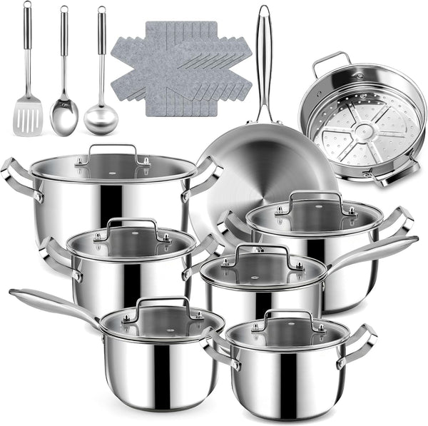 Stainless Steel Cookware Set - 24 PCS Kitchen Cookware Sets with 3-Ply Frying Pan and Steamer, Cool Handles, Heavy-Duty Chef Quality, Pots and Pans Set Compatible with All Stoves1