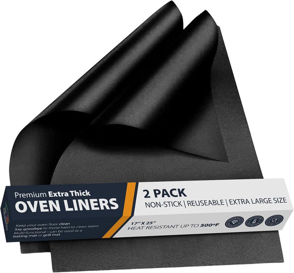 Oven Liners for Bottom of Oven - 2 Pack Large Heavy Duty Mats, 17”X25” Non-Stick Reusable Liner for Electric, Gas, Toaster Ovens, Grills - BPA & PFOA Free Kitchen Accessory to Keep Oven Clean (Black)1