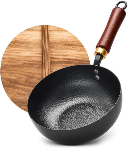 8-Inch Carbon Steel Wok with Lid, Flat Bottom, Gas and Induction | Hammered Carbon Steel, 1.6 Qt Capacity, Removable Beechwood Handle, Uncoated, for Noodles, Eggs, Sauces and 1-2 Servings1