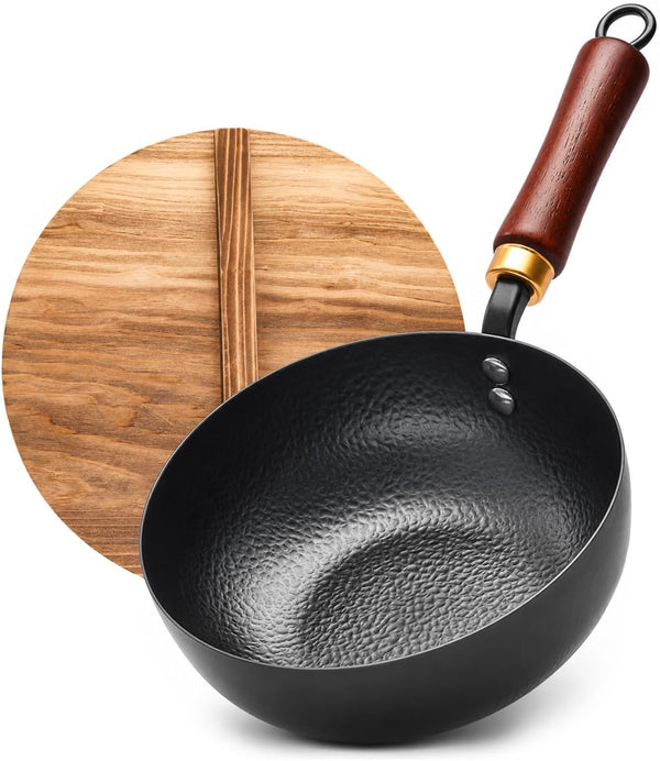 8-Inch Carbon Steel Wok with Lid, Flat Bottom, Gas and Induction | Hammered Carbon Steel, 1.6 Qt Capacity, Removable Beechwood Handle, Uncoated, for Noodles, Eggs, Sauces and 1-2 Servings1