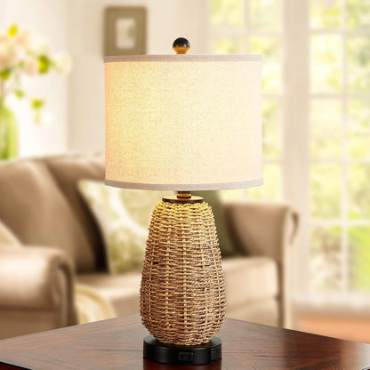 Touch Control Rattan Table Lamps, 3 Way Dimmable Bedside Lamps for Bedroom Set of 2 with 2 USB Ports and AC Outlet, Nightstand Lamps for Living Room (LED Bulbs Included), Grass8