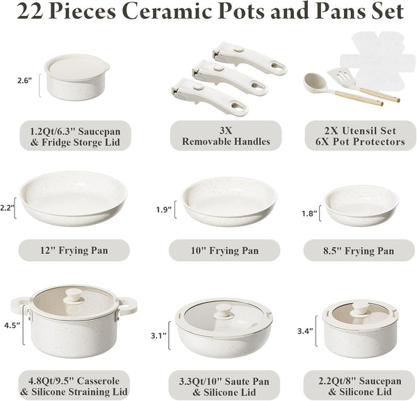 22-Piece Pots and Pans Set Non Stick with Removable Handles, Ceramic Cookware Set, Large-Capacity & Non Toxic, Induction & RV Compatible, Dishwasher Safe, PFAS/PTFE/PFOA Free, White2